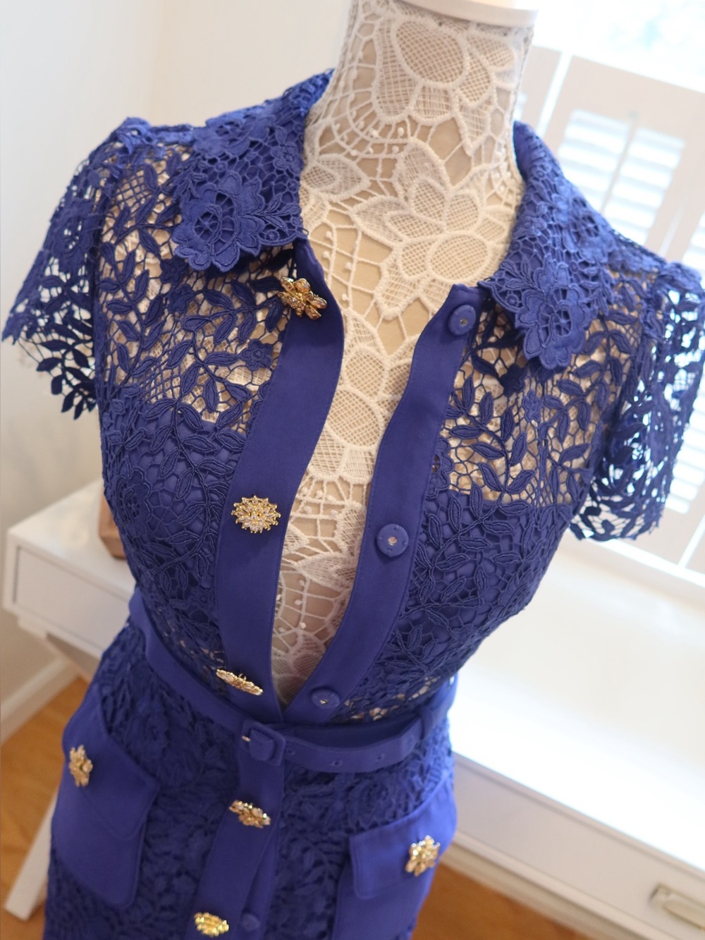 NWT Self-Portrait Belted Lace Blue Midi Dress